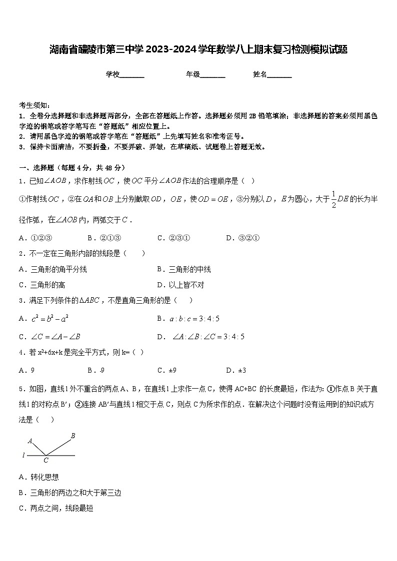 湖南省醴陵市第三中学2023-2024学年数学八上期末复习检测模拟试题含答案第1页