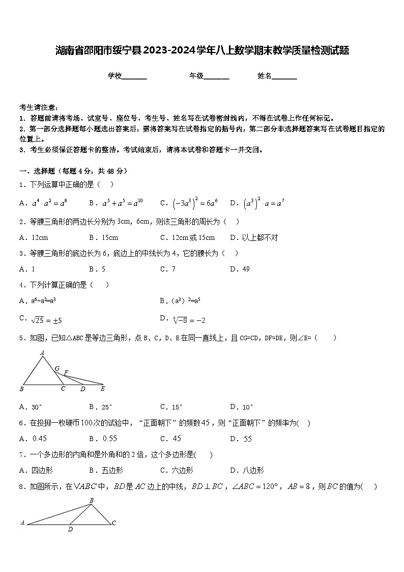 湖南省邵阳市绥宁县2023-2024学年八上数学期末教学质量检测试题含答案第1页