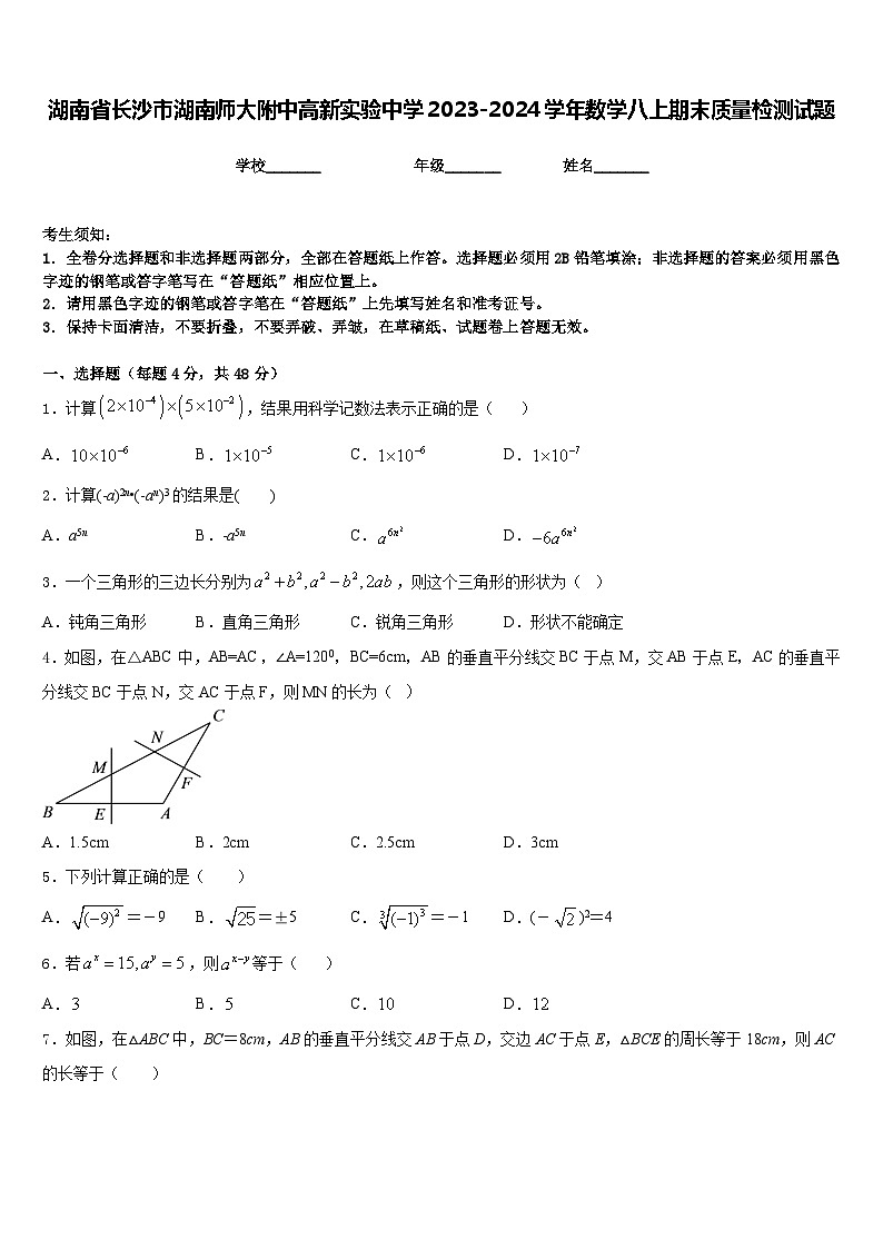 湖南省长沙市湖南师大附中高新实验中学2023-2024学年数学八上期末质量检测试题含答案第1页