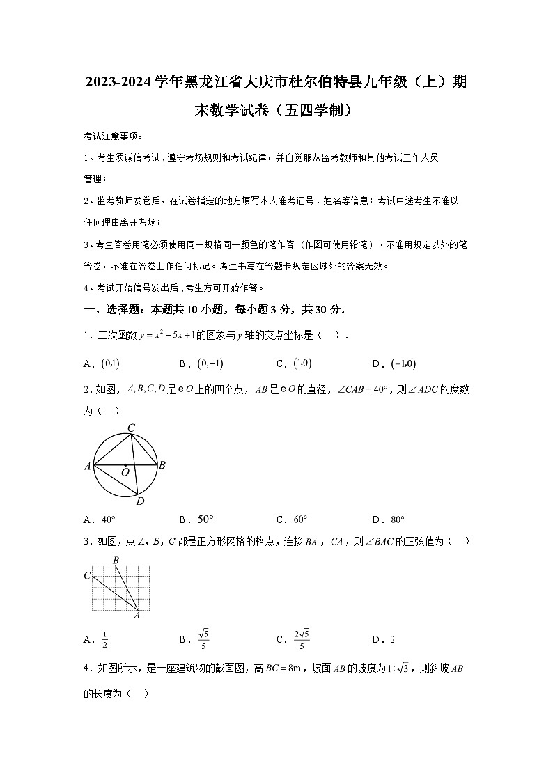 黑龙江省大庆市杜尔伯特县2023-2024学年九年级上学期期末数学试题（五四制）（含解析）第1页
