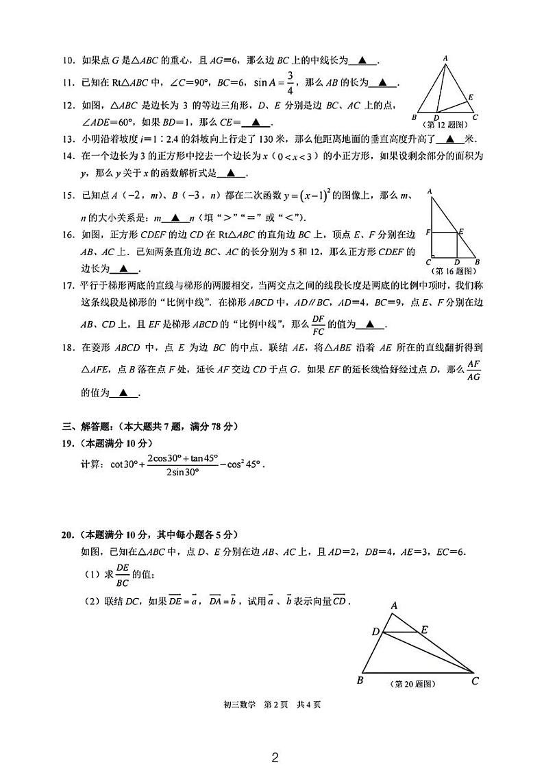 2024上海浦东新区九年级一模考试数学试卷02