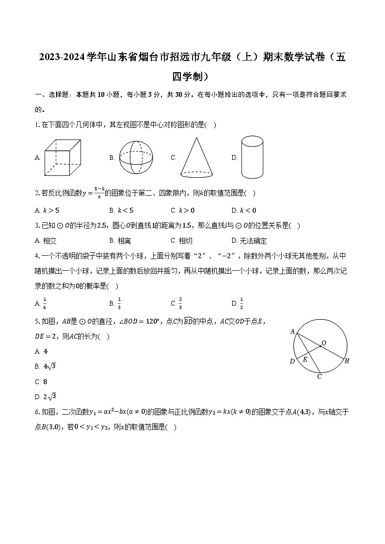 2023-2024学年山东省烟台市招远市九年级（上）期末数学试卷（五四学制）（含解析）第1页