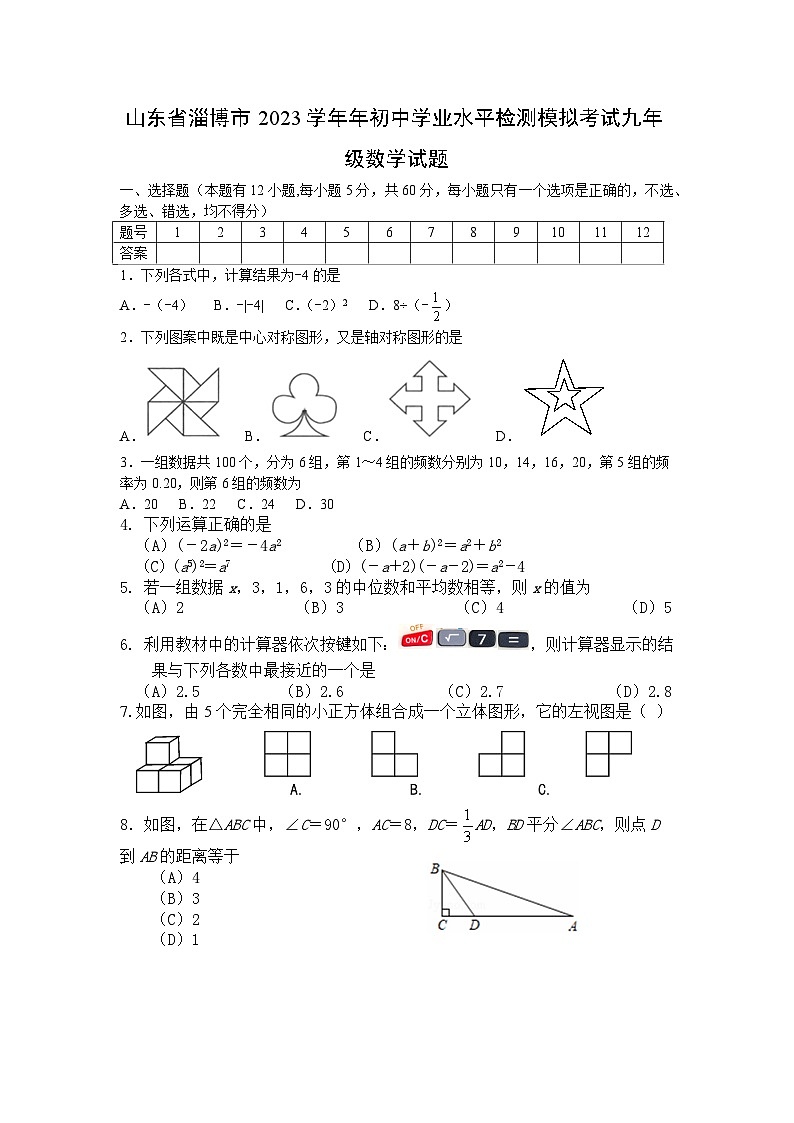 山东省淄博市2023学年年初中学业水平检测模拟考试九年级数学试题01