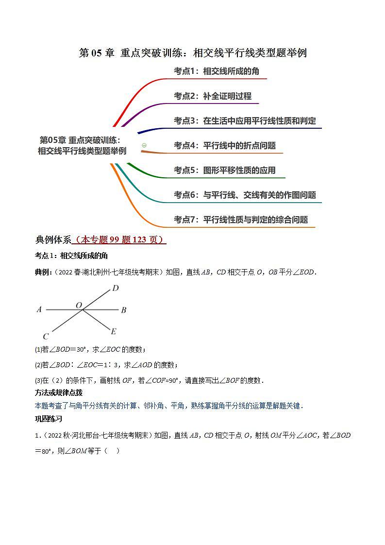 第05章 重点突破训练：相交线平行线类型题举例（99题123页）-七年级数学下册同步精品讲义（学生版）（人教版）第1页