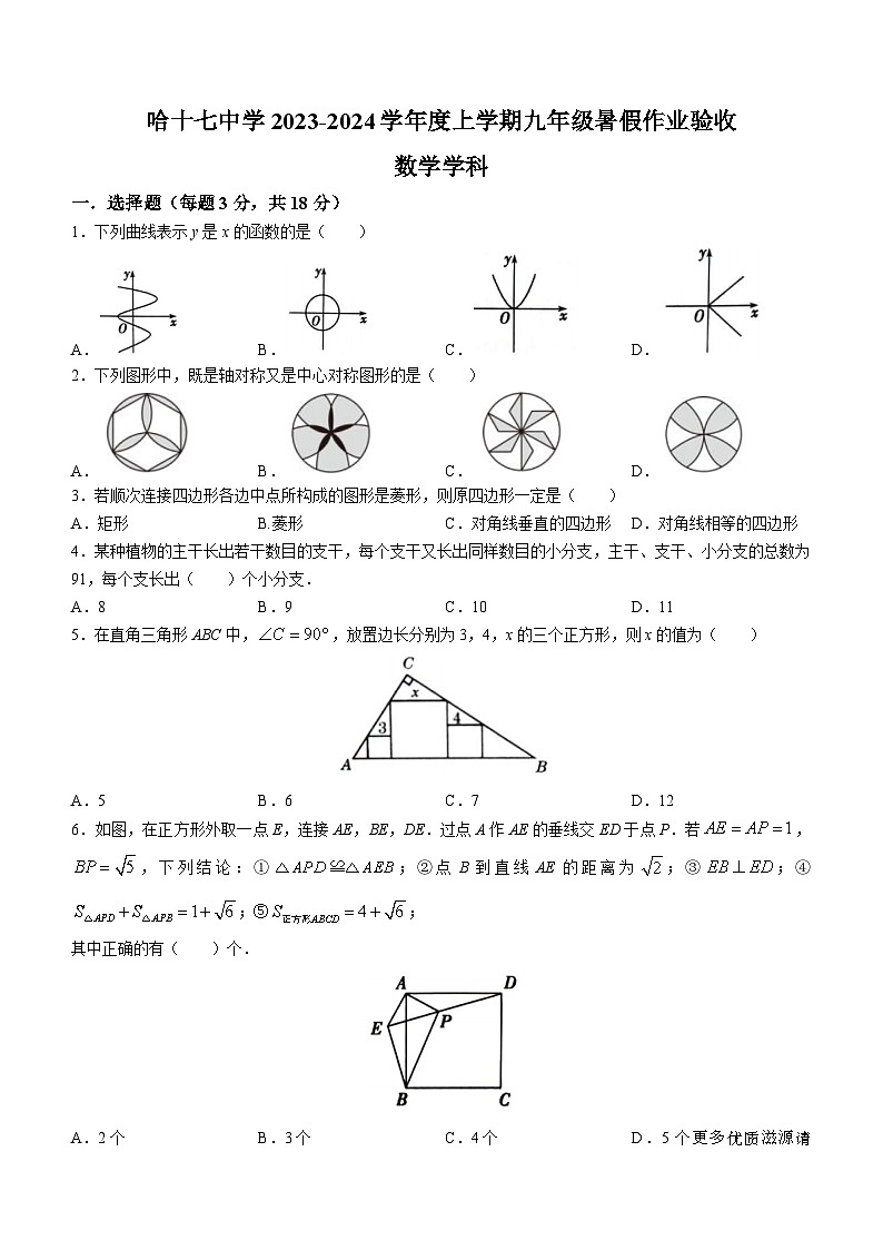 黑龙江省哈尔滨市第十七中学校2023--2024学年九年级上学期开学测数学试题(无答案)第1页