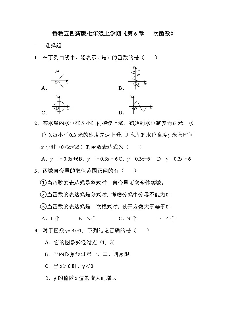第6章 一次函数 单元练习  2023—2024学年鲁教版（五四制）数学七年级上册第1页