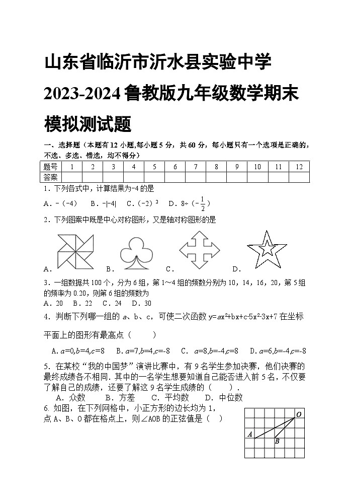 山东省临沂市沂水县实验中学2023-2024学年鲁教版九年级数学上册期末模拟测试题第1页