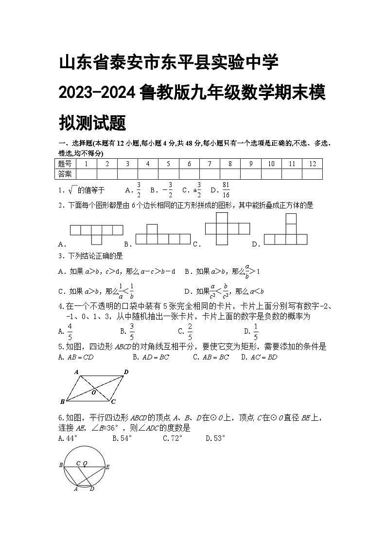 山东省泰安市东平县实验中学2023-2024学年鲁教版九年级数学上册期末模拟测试题第1页