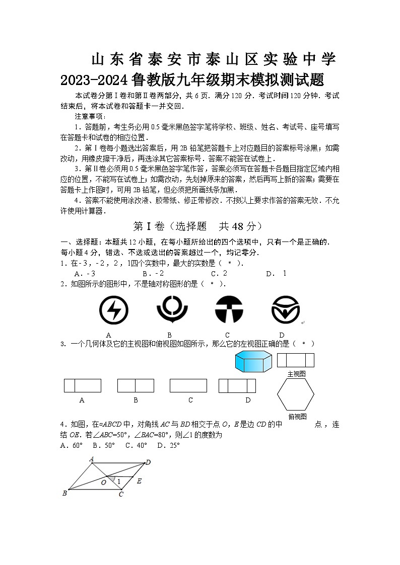 山东省泰安市泰山区实验中学2023-2024学年鲁教版九年级数学上册期末模拟测试题第1页