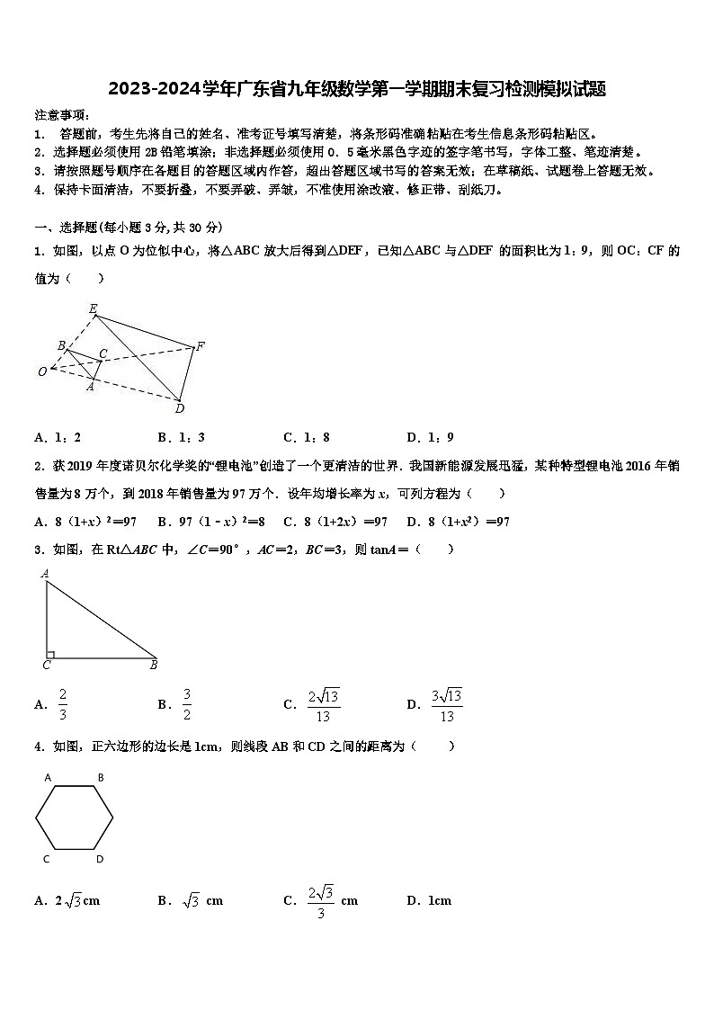 2023-2024学年广东省九年级数学第一学期期末复习检测模拟试题第1页