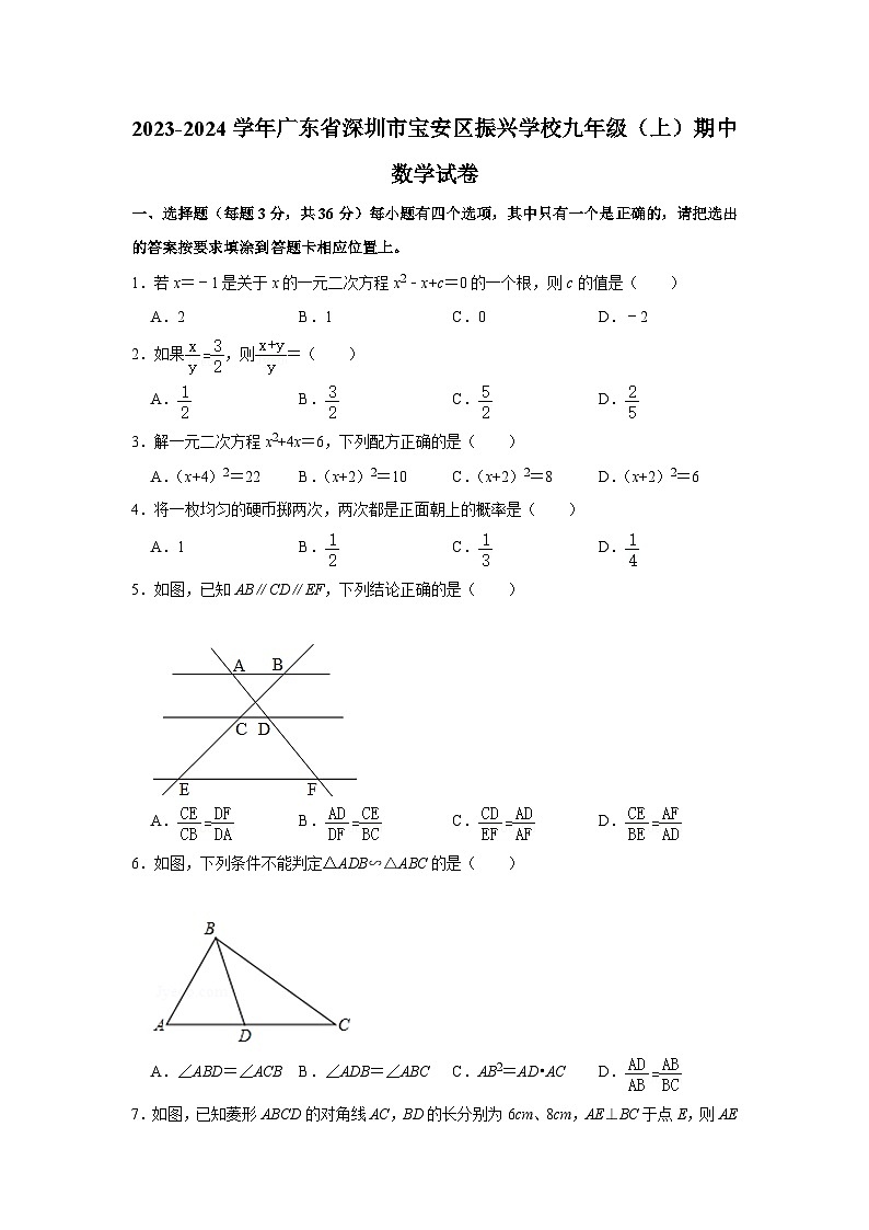 广东省深圳市宝安区振兴学校2023-2024学年九年级上学期期中数学试卷01