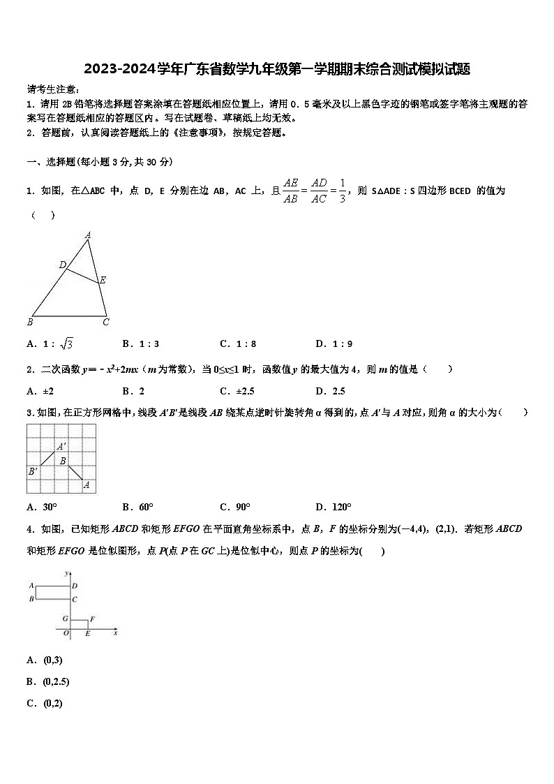 2023-2024学年广东省数学九年级第一学期期末综合测试模拟试题第1页