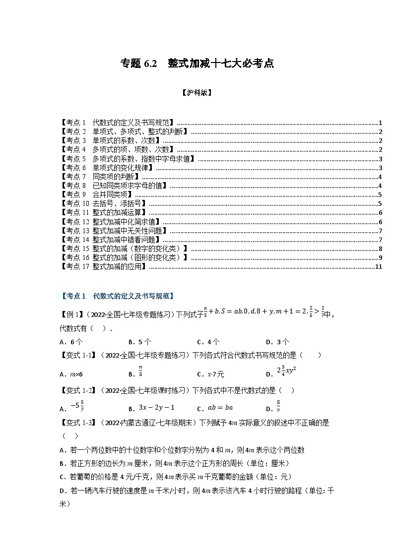 沪科版七年级数学上册专题特训 专题6.2 期中期末专项复习之整式加减十七大必考点（原卷版+解析版）01