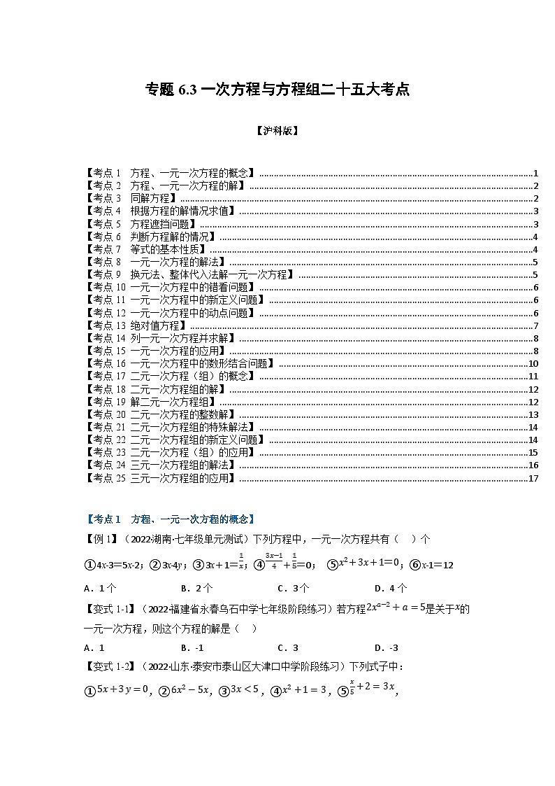 沪科版七年级数学上册专题特训 专题6.3 期中期末专项复习之一次方程与方程组二十五大必考点（原卷版+解析版）01