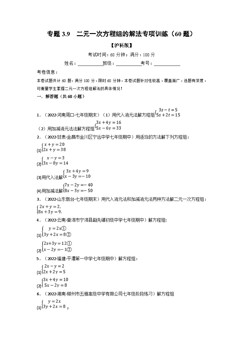 沪科版七年级数学上册专题特训 专题3.9  二元一次方程组的解法专项训练（60题）（原卷版+解析版）01