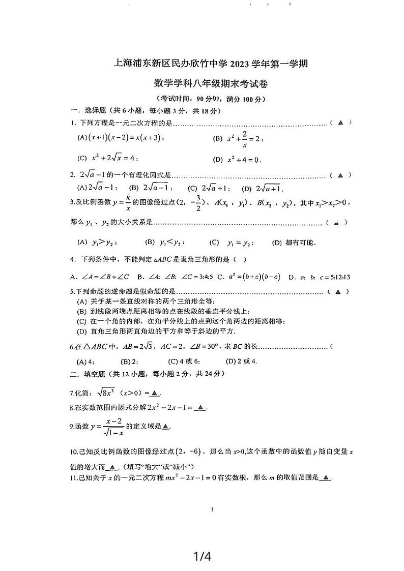 上海市浦东新区民办欣竹中学2023-2024学年八年级上学期期末数学试卷01