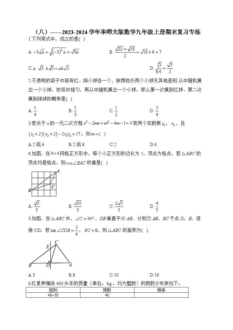 华师大版2023-2024学年数学九年级上册期末复习专练(8)及答案第1页