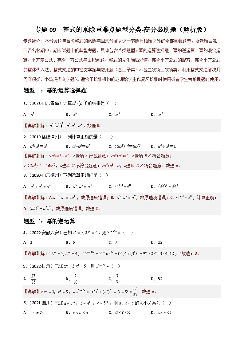 专题09 整式的乘除重难点题型分类-2022-2023学年八年级数学上册重难点题型期末复习热点题型（人教版）01