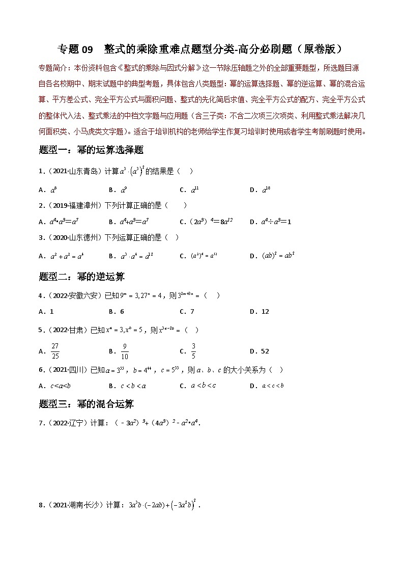 专题09 整式的乘除重难点题型分类-2022-2023学年八年级数学上册重难点题型期末复习热点题型（人教版）01