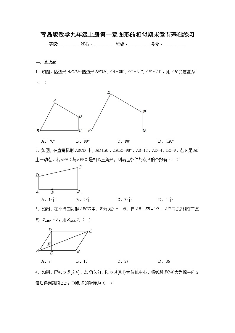 青岛版数学九年级上册第一章图形的相似期末章节基础练习01