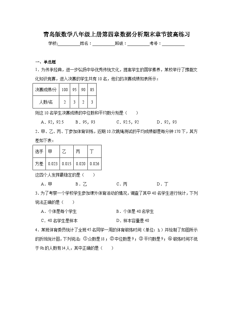 青岛版数学八年级上册第四章数据分析期末章节拔高练习第1页