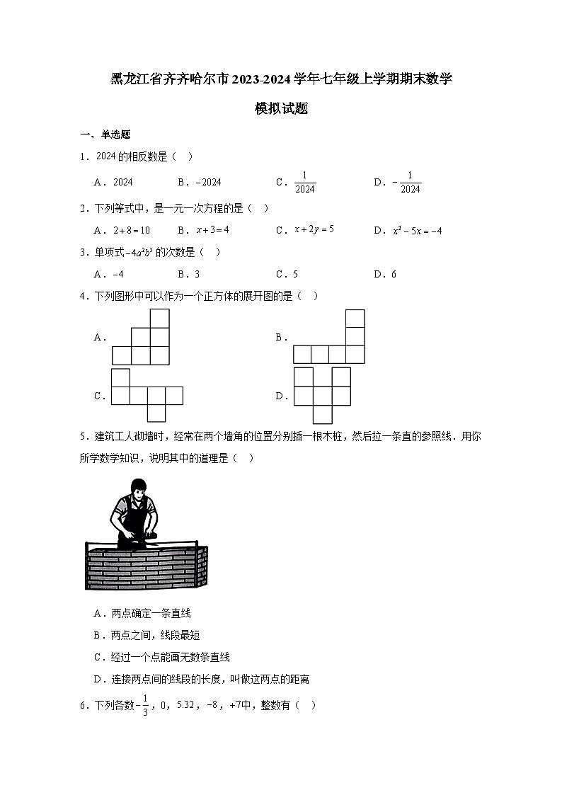 黑龙江省齐齐哈尔市2023-2024学年七年级上册期末数学检测试卷（附答案）01