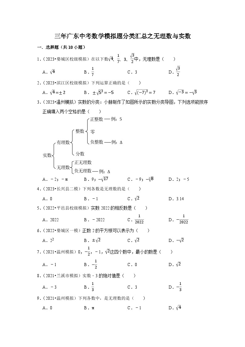 三年广东中考数学模拟题分类汇总之无理数与实数01
