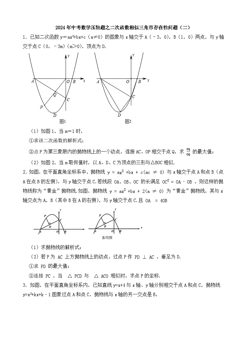 2024年中考数学压轴题之二次函数相似三角形存在性问题（二）（试题）第1页