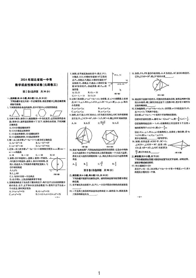 2024湖北省统一中考数学适应模拟卷三第1页