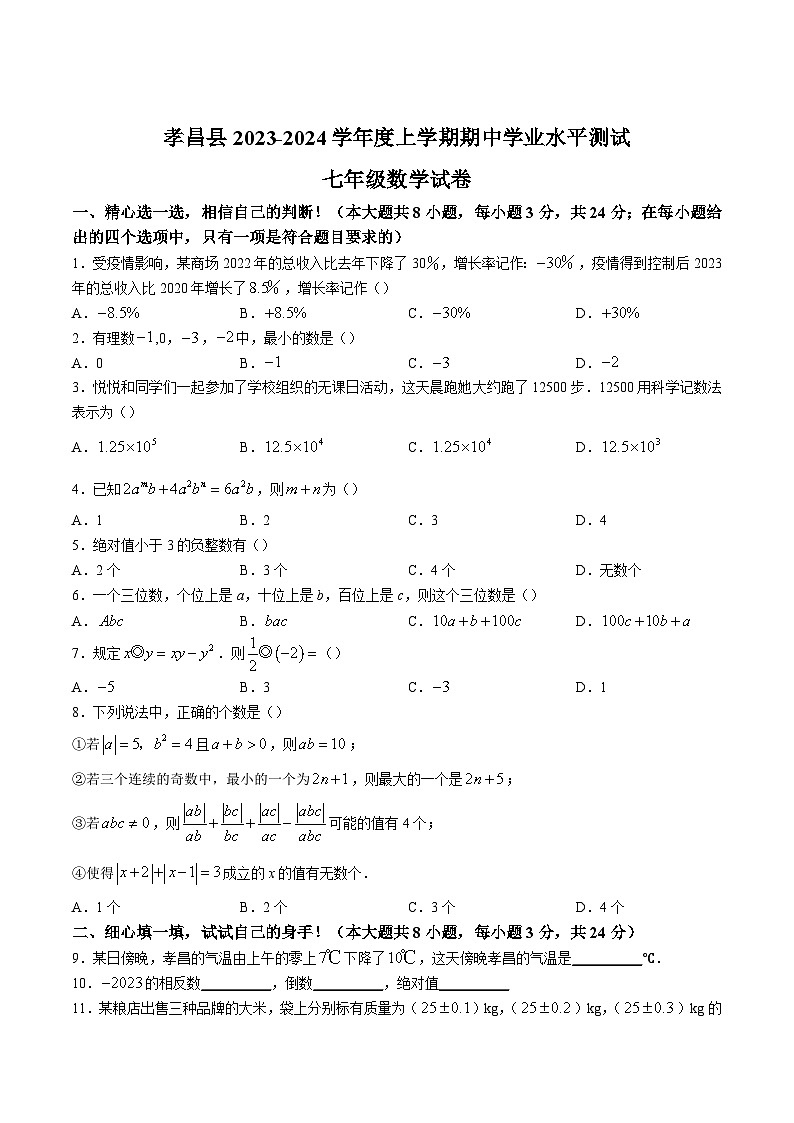 湖北省孝感市孝昌县2023-2024学年七年级上学期期中学业水平测试数学试卷(含答案)01