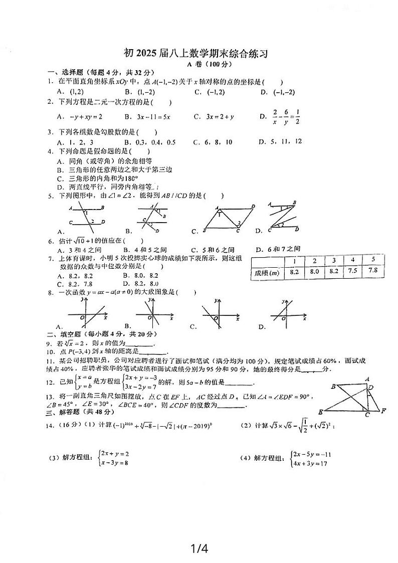 +四川省成都市玉林中学2023-2024学年八年级上学期1月期末数学试题第1页