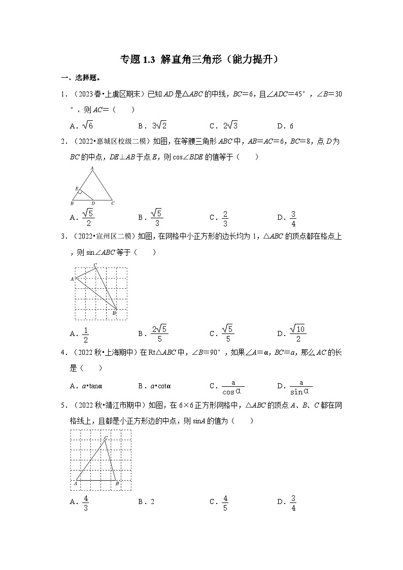 专题1.3 解直角三角形（能力提升）-2023-2024学年九年级数学下册重点专题解读+训练（北师大版）01