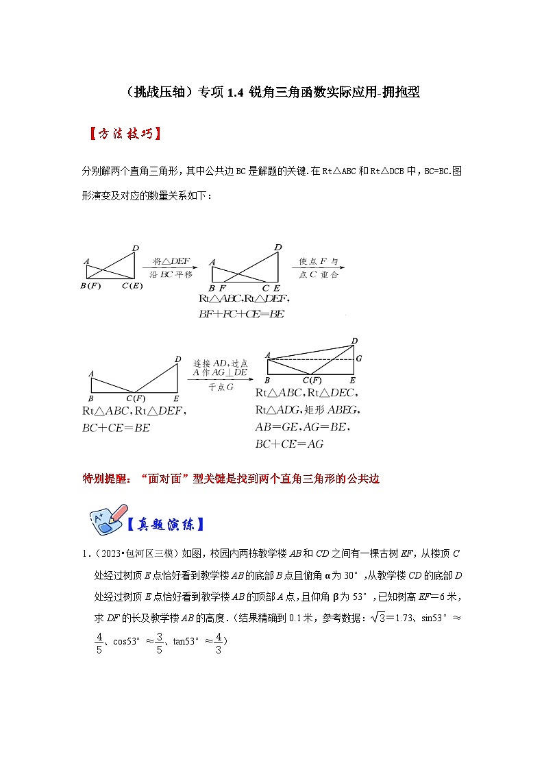 （挑战压轴）专项1.4 锐角三角函数实际应用-拥抱型-2023-2024学年九年级数学下册重点专题解读+训练（北师大版）01