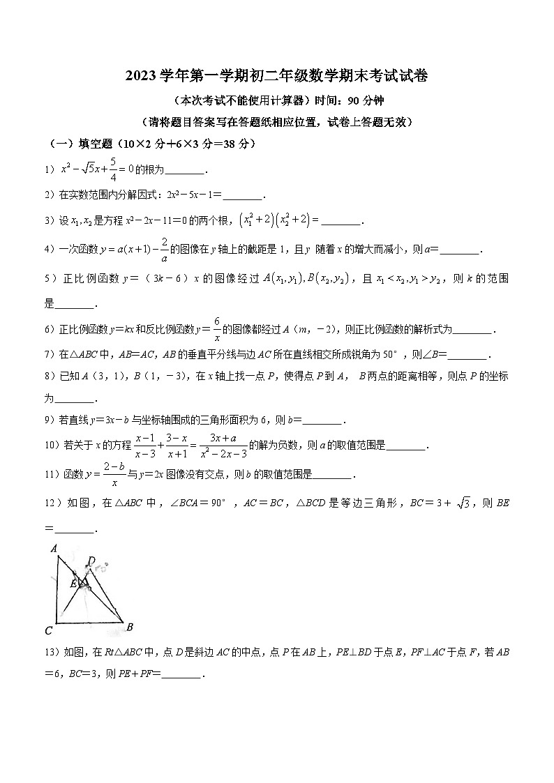 上海市重点大学附属中学2023-2024学年八年级上学期期末数学试题(无答案)第1页