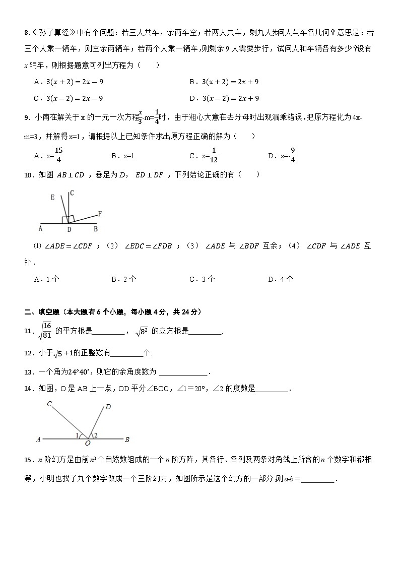 浙江省宁波镇海区2023-2024学年七年级上学期数学期末模拟卷02
