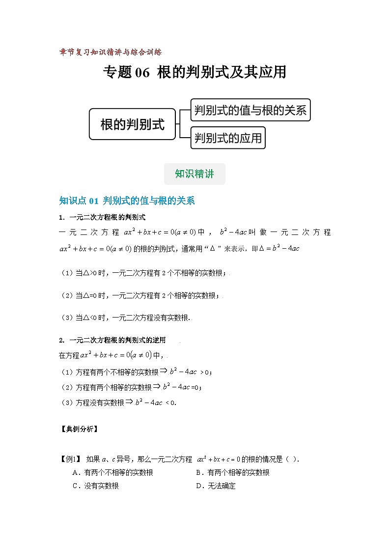 【专项练习】全套专题数学八年级上册 专题06 一元二次方程的判别式及应用（知识精讲+综合训练）（习题及答案）01