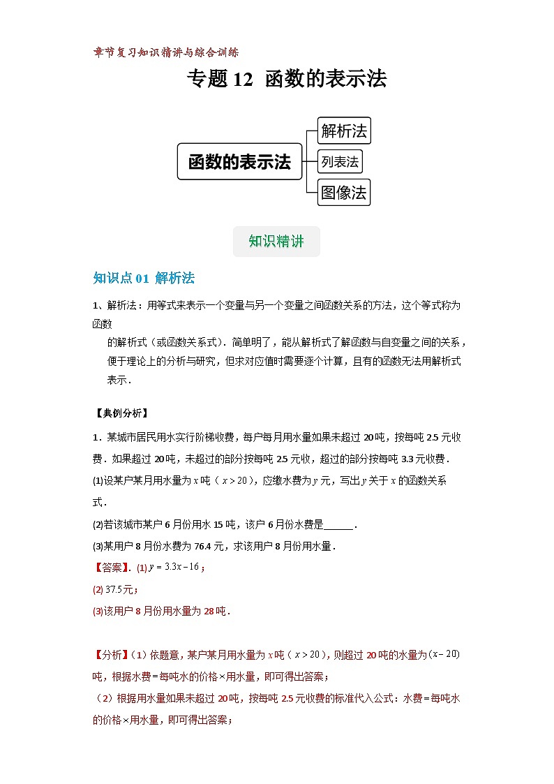 【专项练习】全套专题数学八年级上册 专题12 函数的表示法（知识精讲+综合训练）（习题及答案）01