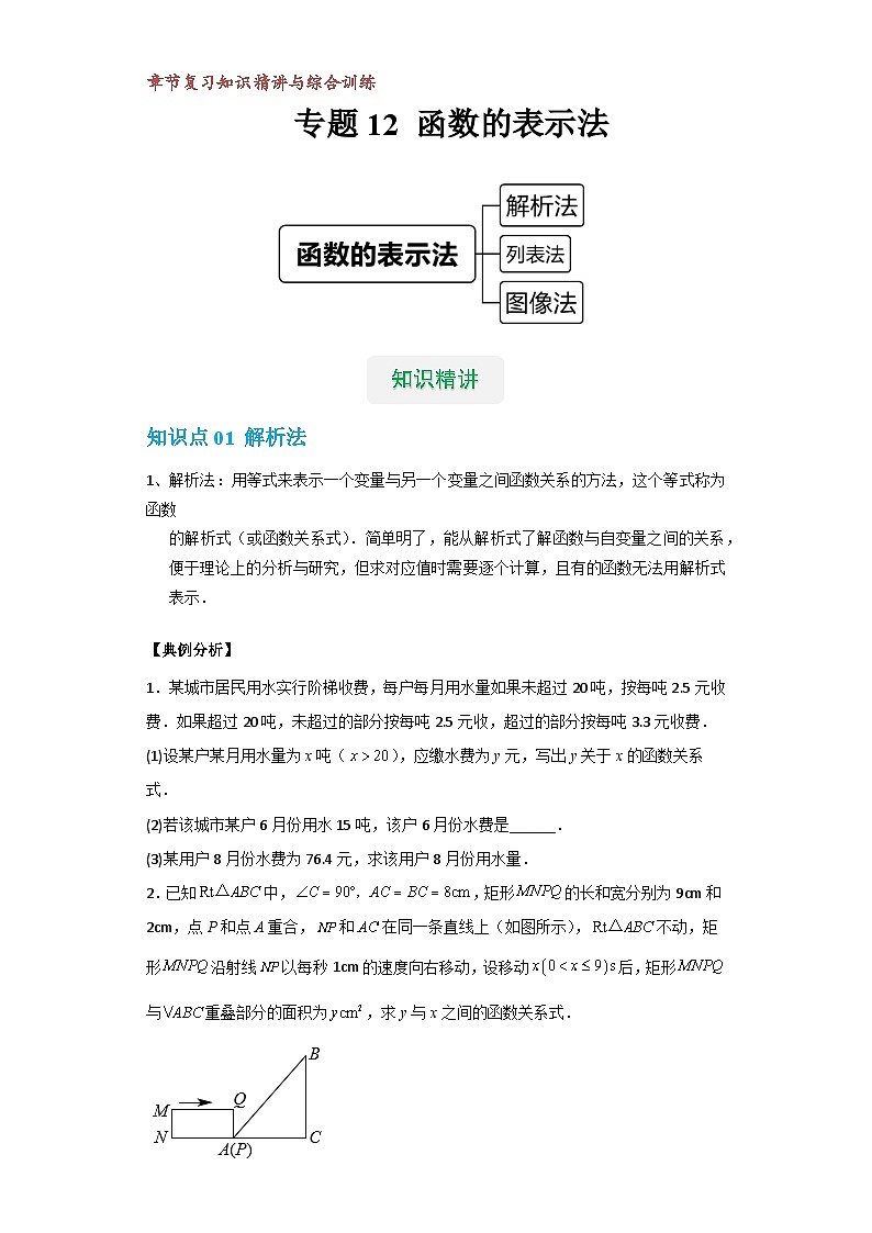 【专项练习】全套专题数学八年级上册 专题12 函数的表示法（知识精讲+综合训练）（习题及答案）01