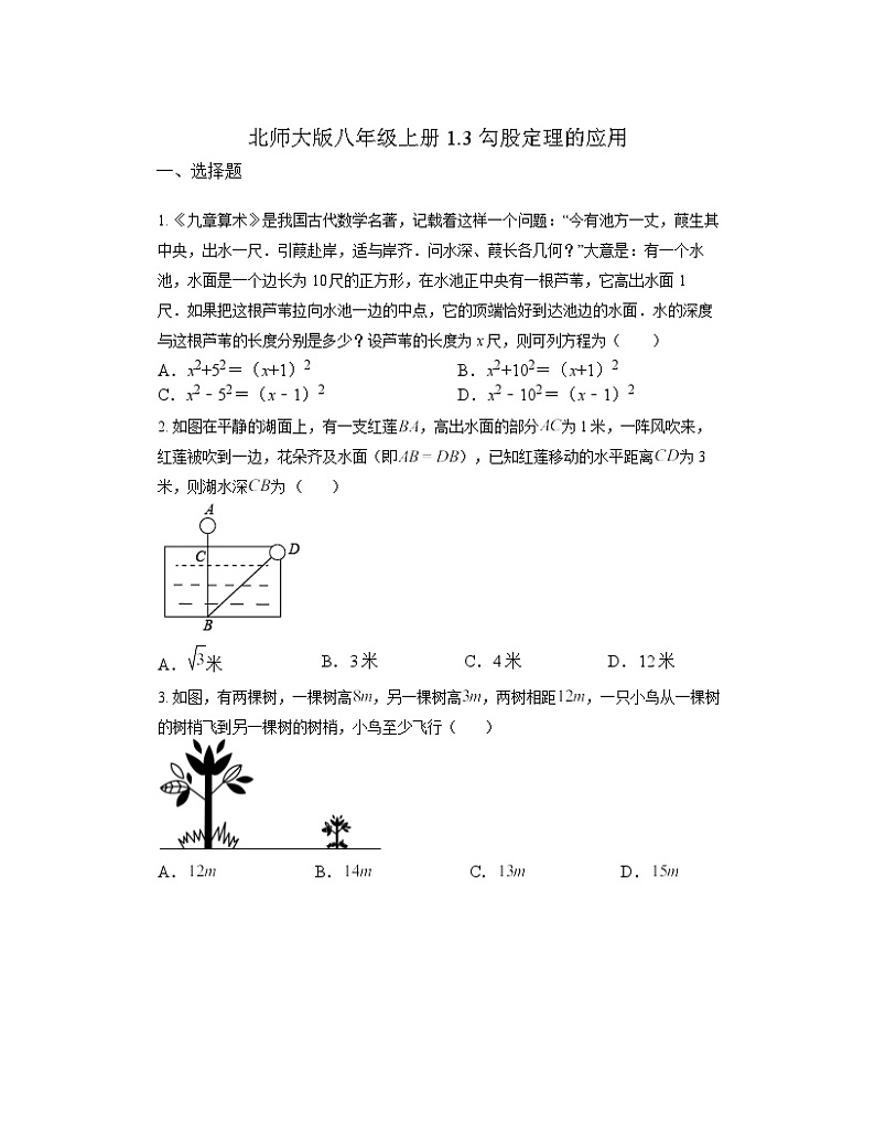 1.3 勾股定理的应用同步练习（无答案） 北师大版八年级数学上册01