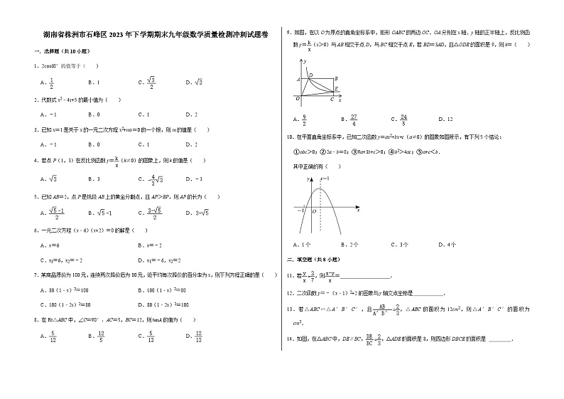 湖南省株洲市石峰区2023-2024学年上学期期末九年级数学质量检测冲刺试题卷第1页