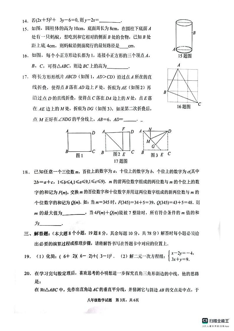 重庆市大渡口区2023-2024学年八年级上学期期末考试数学试卷第3页