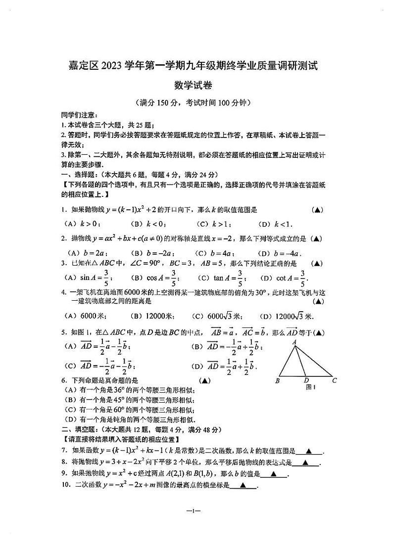 2024届嘉定区初三一模数学试卷含答案01