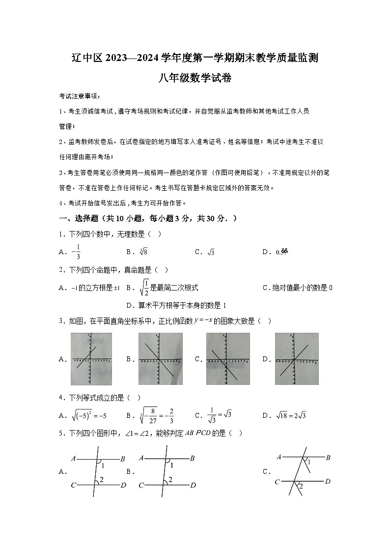 2023-2024学年辽宁省沈阳市辽中区八年级（上）学期期末数学试题（含解析）01