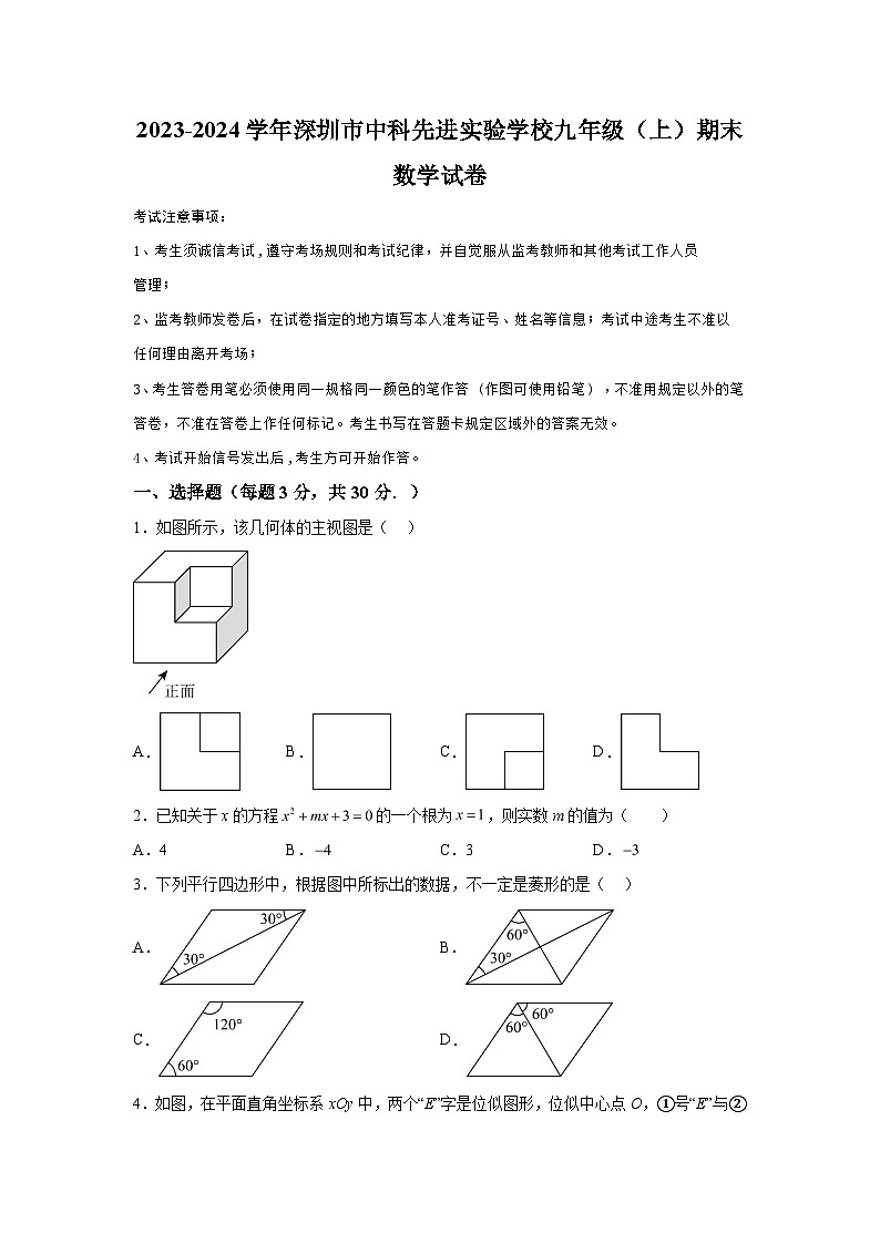 2023-2024学年广东省深圳市中国科学院深圳先进技术研究院实验学校九年级（上）学期期末数学试题（含解析）01
