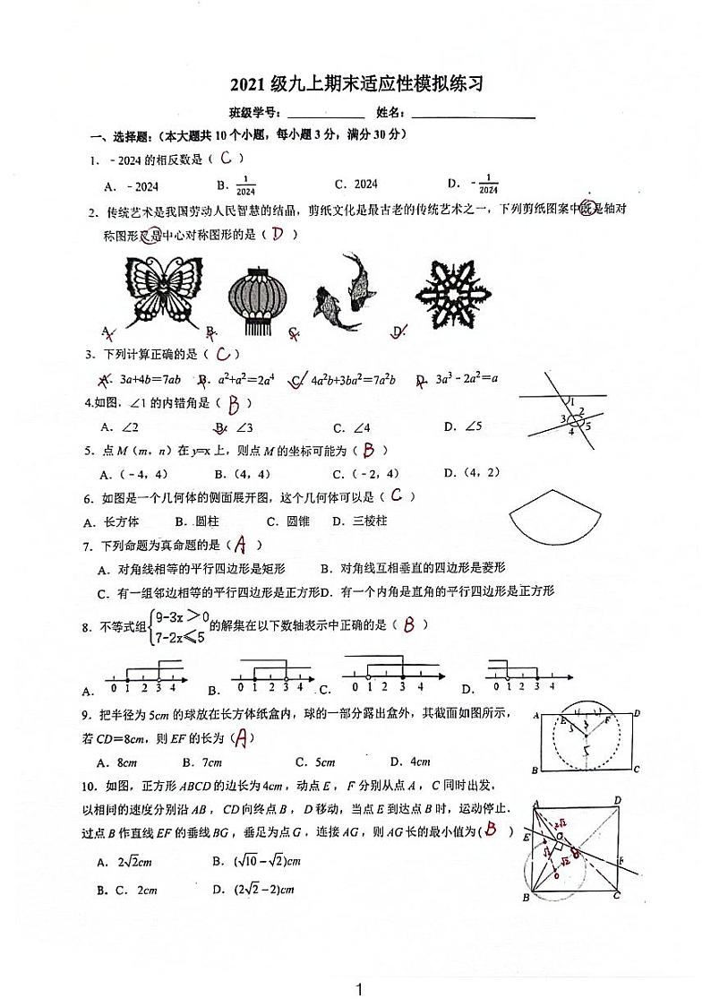 2024长郡双语九年级期末模拟考试数学试卷二解析版第1页