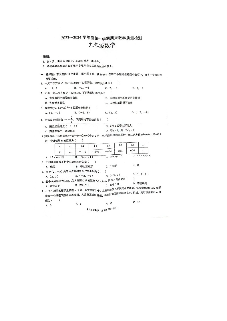 广东省阳江市阳春市2023-2024学年九年级上学期1月期末数学试题第1页