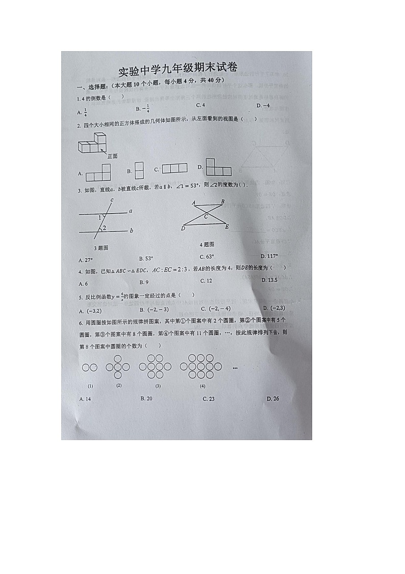 重庆市奉节县实验中学2023－2024学年九年级上学期期末数学试题01