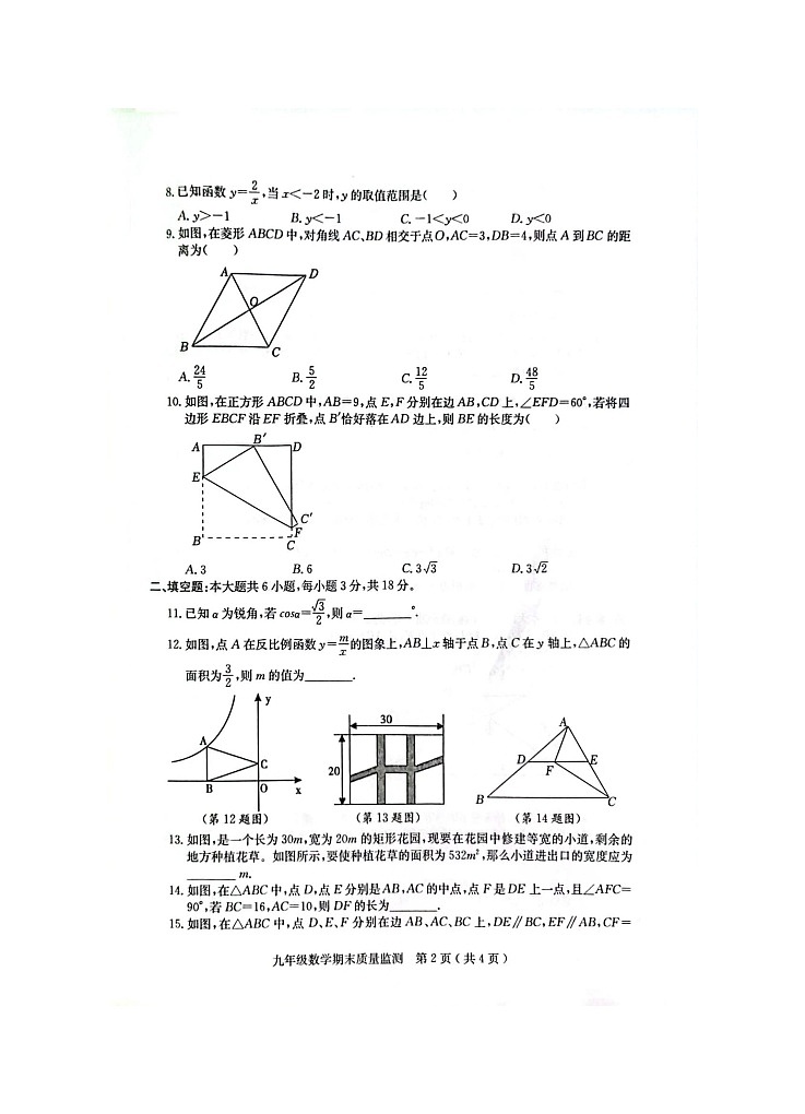 广东省茂名市电白区2023-2024学年上学期九年级数学期末质量监测期末试题第2页