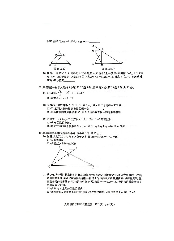 广东省茂名市电白区2023-2024学年上学期九年级数学期末质量监测期末试题第3页