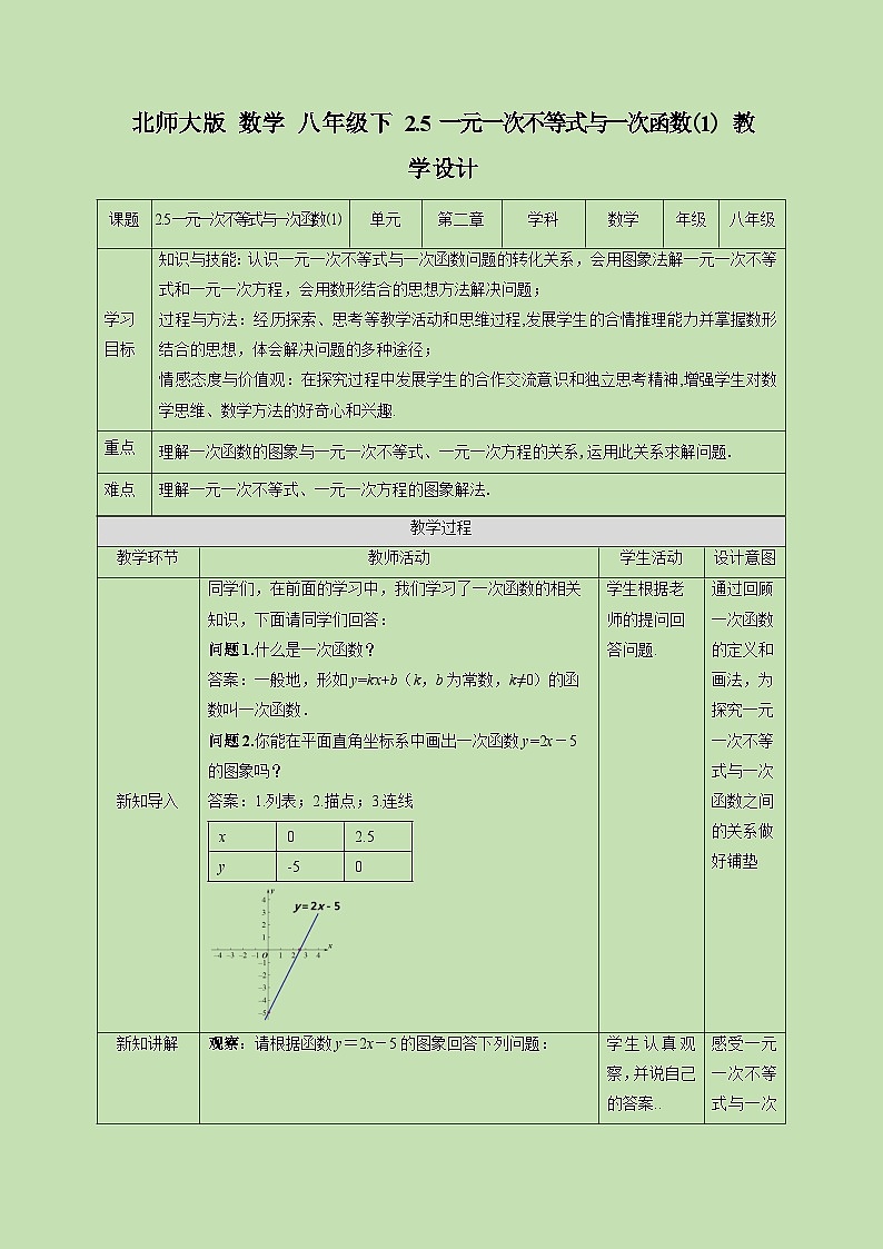 2.5 一元一次不等式与一次函数（1）-教学设计第1页